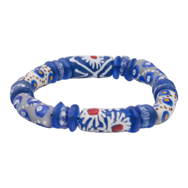 Krobo kralen armband, blauw/wit assorti, 16 cm