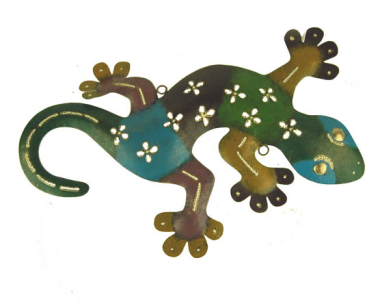 Wanddecoratie metaal gekko meerkleurig flowers