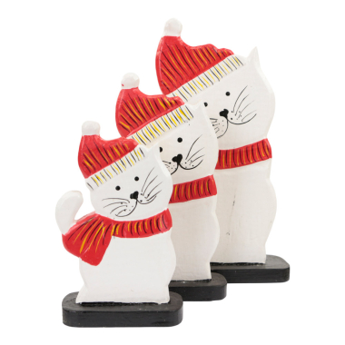 Statue wood cat christmas white set3