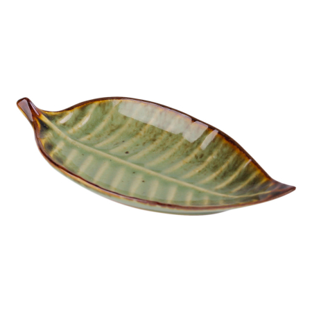 Schaal keramiek dip glazuur blad groen/bruin L